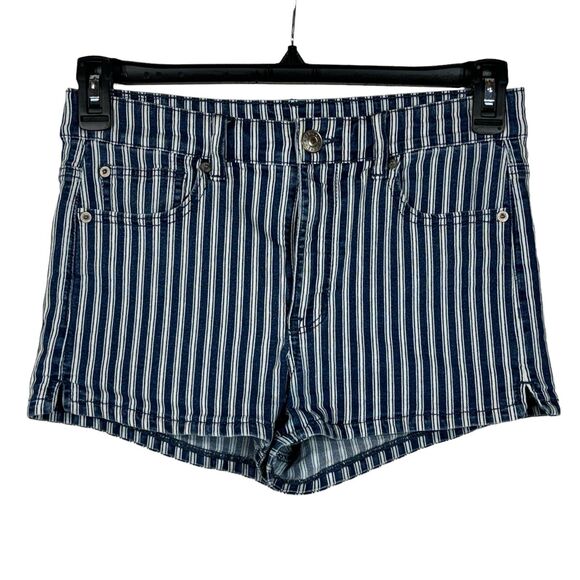 American Eagle SZ 8 Hi-Rise Shortie Jean Shorts Stripe NE(X)T Level Stretch Blue - Picture 1 of 8